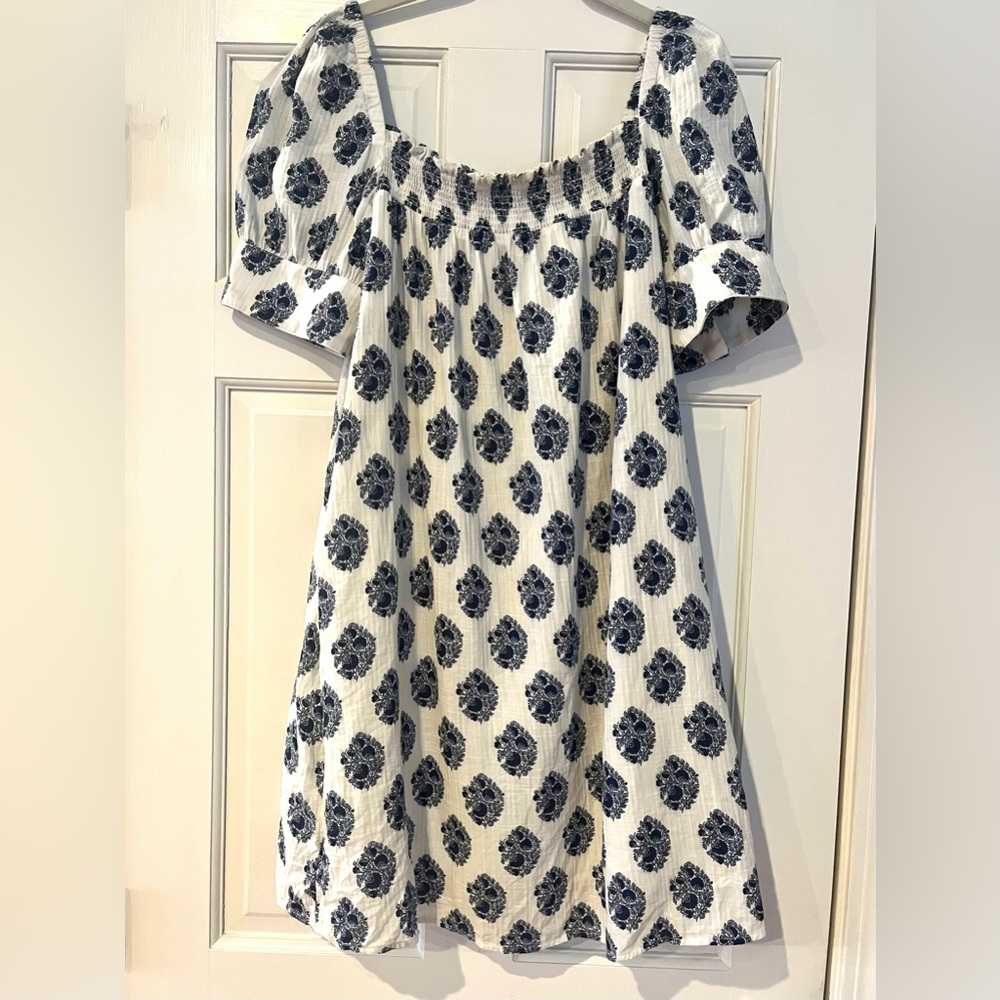 J. Crew White Mini Dress with Navy Blue Medallion Print - Picture 2 of 8